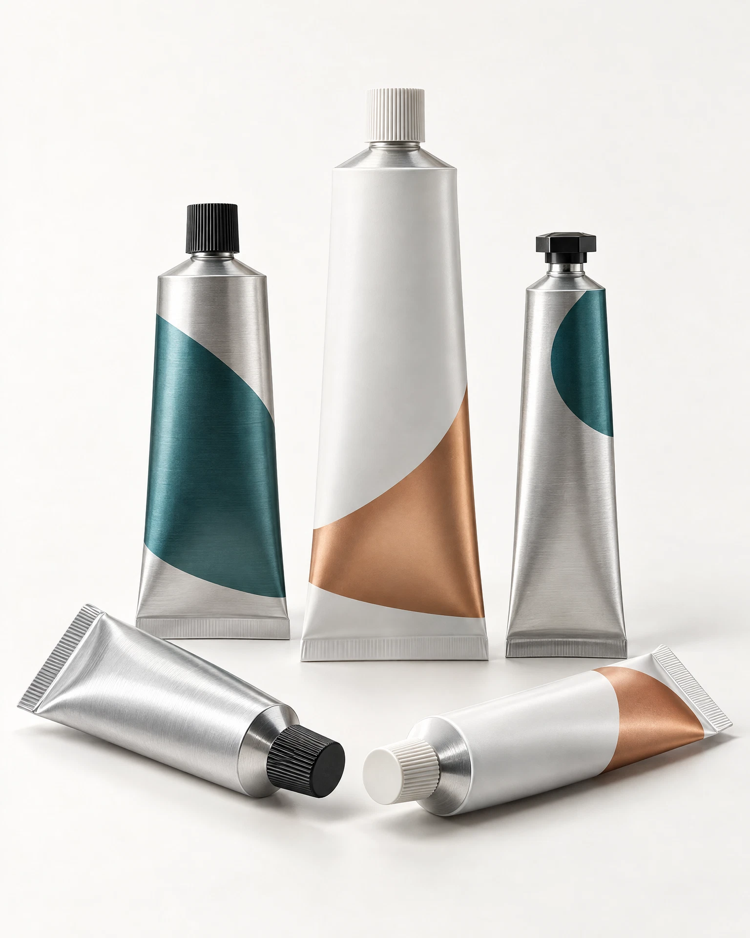Unbranded collapsible aluminum tube collection render for food and condiment packaging discussions