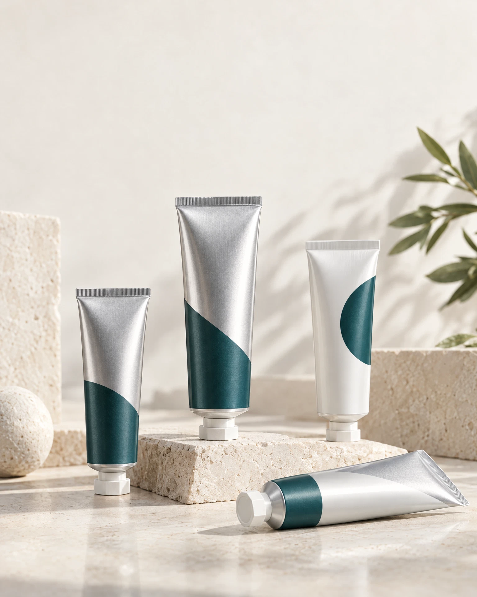 Unbranded aluminum cosmetic and skincare tube render on a warm off-white surface