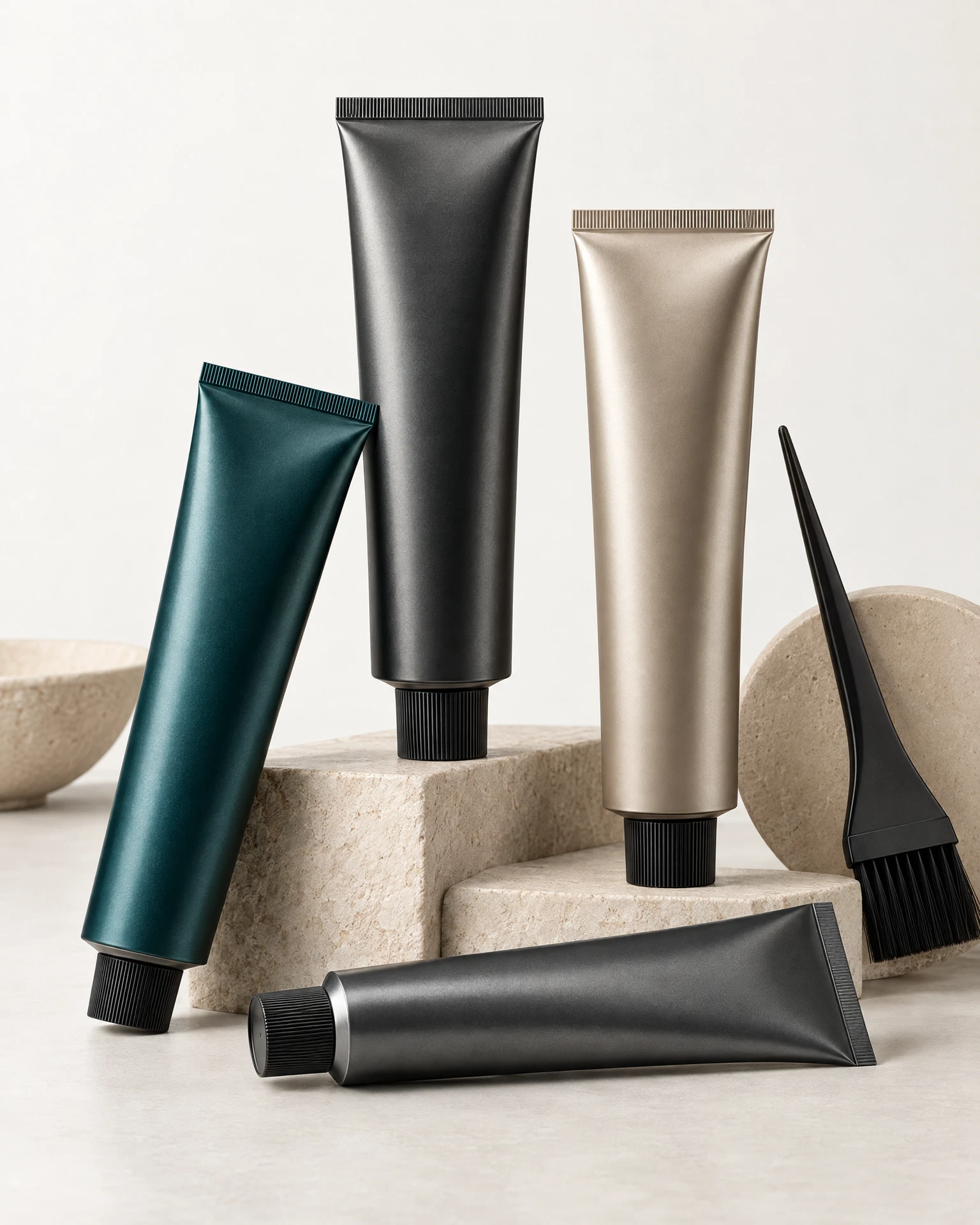 Unbranded aluminum hair color and hair care tube render with neutral applicator prop