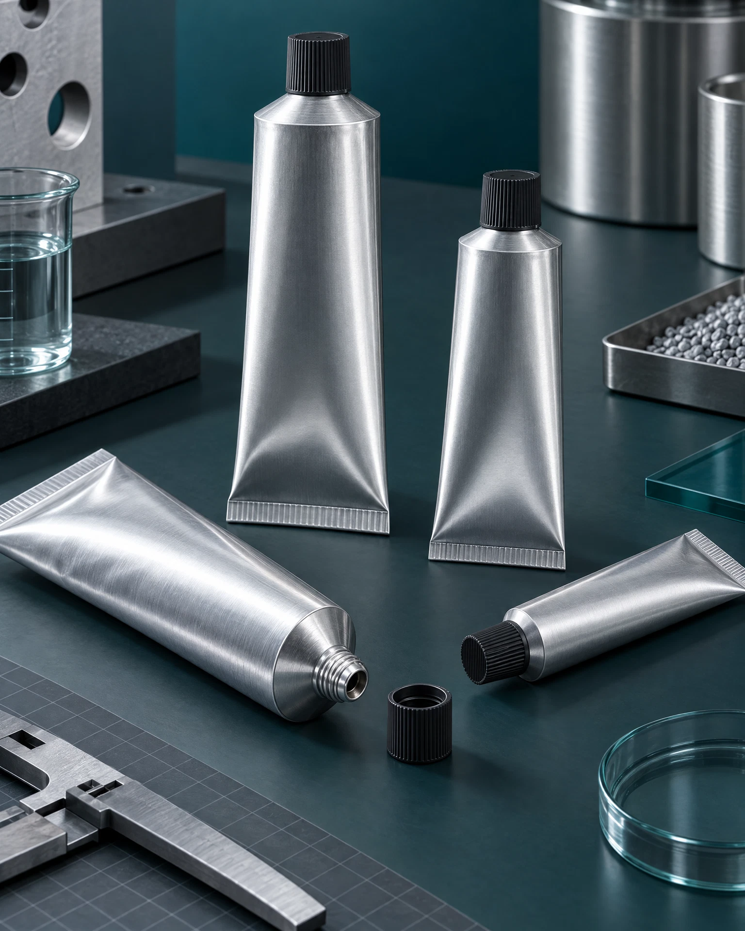 Unbranded natural silver industrial aluminum tube render with precise cap and crimp detail