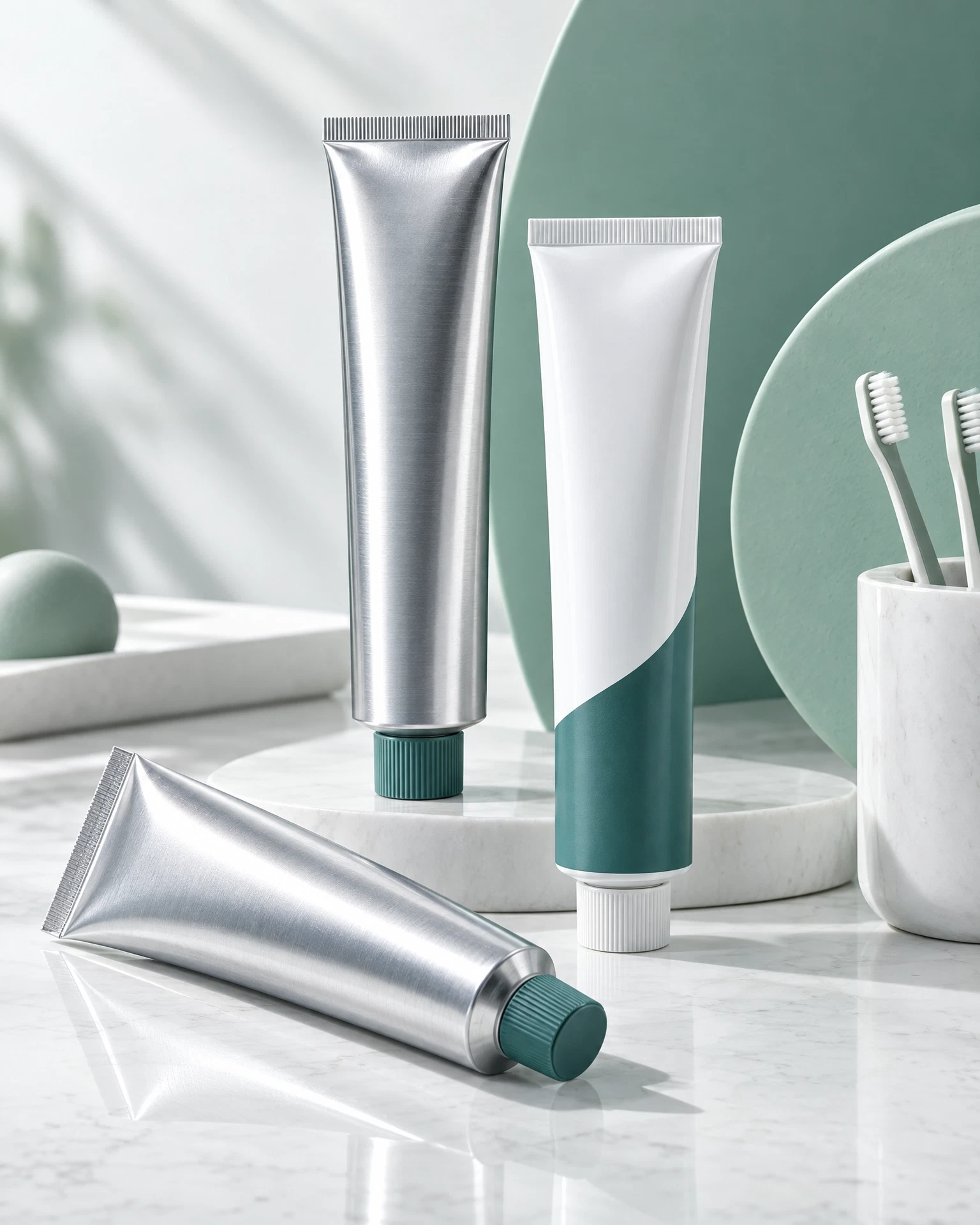 Unbranded aluminum oral care tube render on a clean ceramic surface