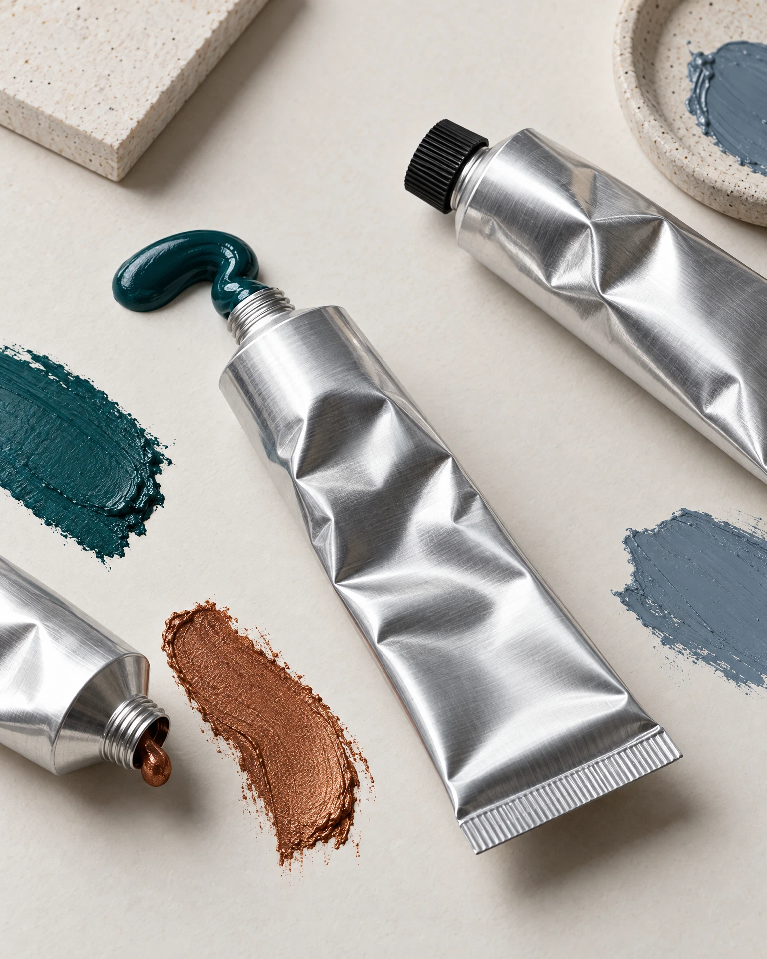 Unbranded aluminum paint and adhesive tube render with abstract pigment swatches