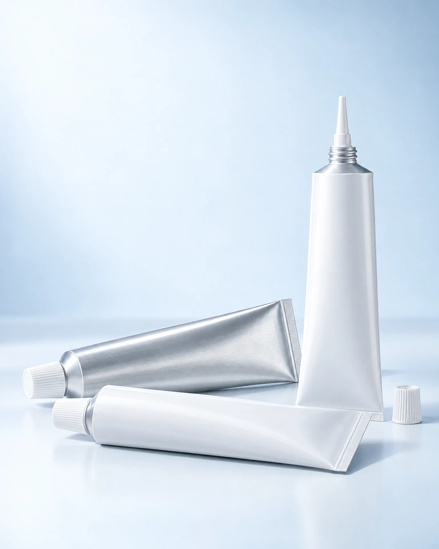 Unbranded white and silver aluminum ointment tube render in a clean blue-white setting