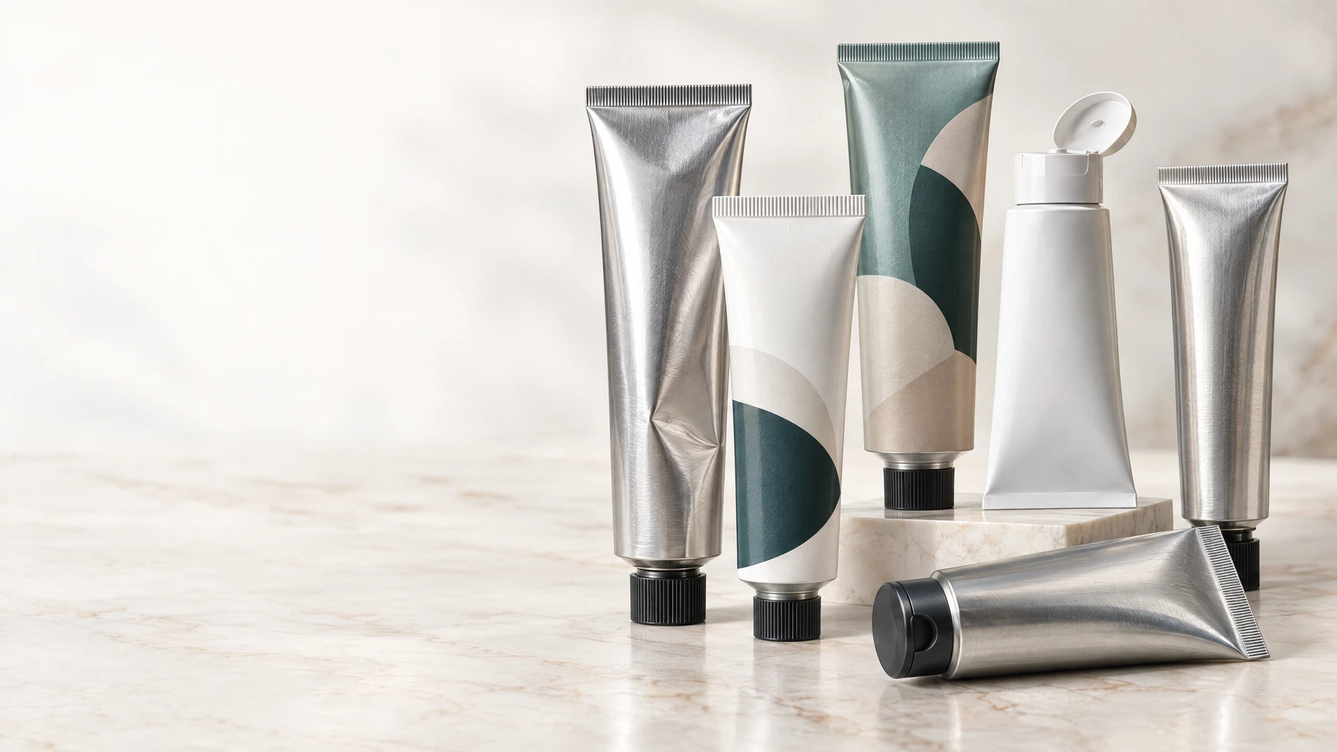 Unbranded natural silver, white and printed collapsible aluminum tube render