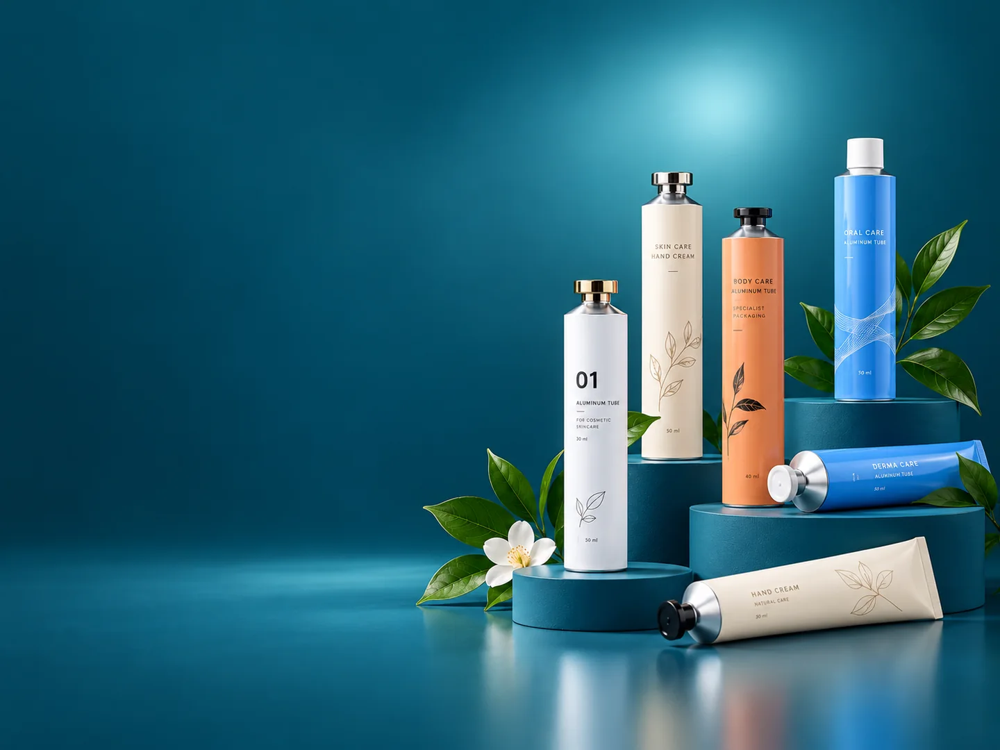 Unbranded silver and white collapsible aluminum tubes with restrained geometric artwork